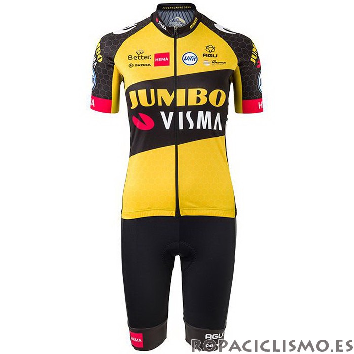 2021 Maillot Mujer Jumbo Visma Tirantes Mangas Cortas Negro Amarillo